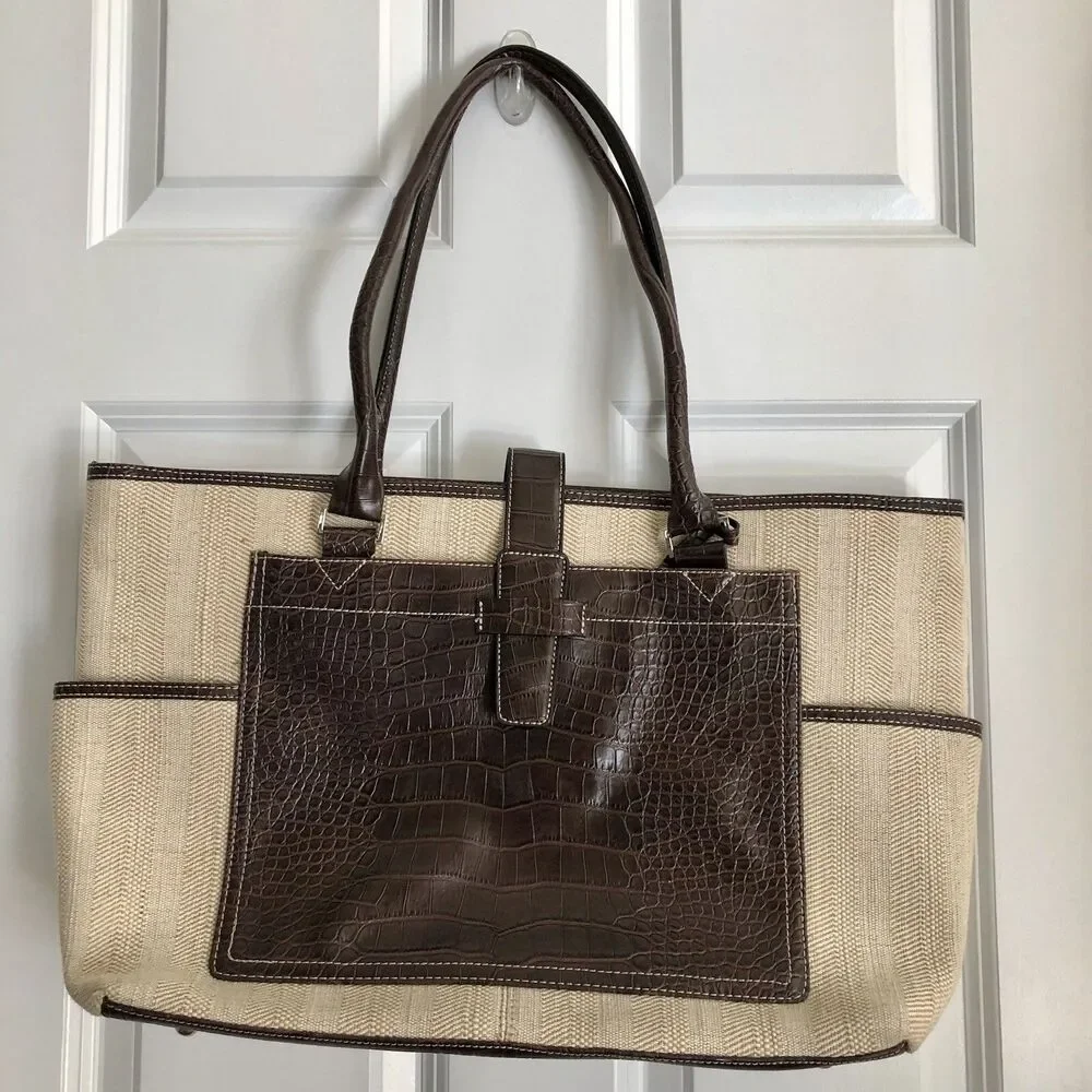 CROFT AND BARROW TOTE BAG LAPTOP BROWN/TAN SHOULDER CROCODILE & CAVANAS
